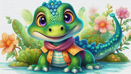 Fototapeta premium OIL PAINTING STYLE CARTOON CHARACTER CUTE BABY CROCODILE takes a selfie isolated on white background, top view