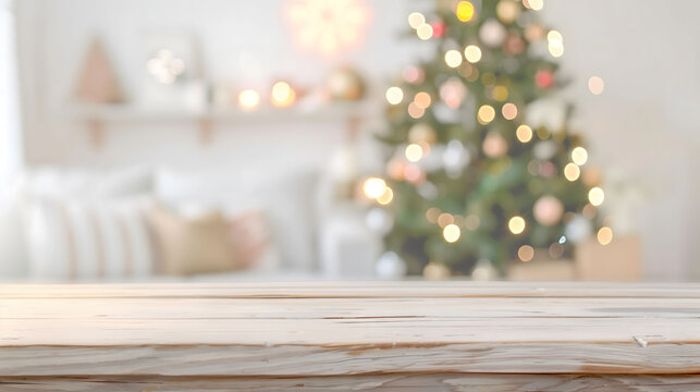 Empty Wooden Table with Blurred Christmas Tree Lights in Cozy Room Background, Copy Space