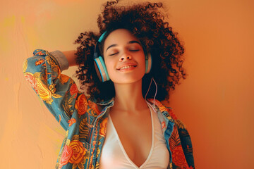 woman with headphones, Woman with curly hair enjoying music in headphones wearing colorful jacket...
