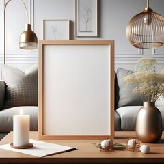 Close up of a blank photo frame on a wooden table with some minimalist decoration around it