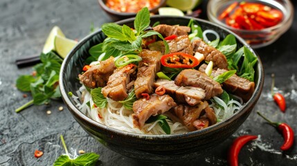 Fototapeta premium The Vietnamese dish Bun cha is fried pork with rice noodles. It requires herbs, fish sauce, green papaya, some spices.