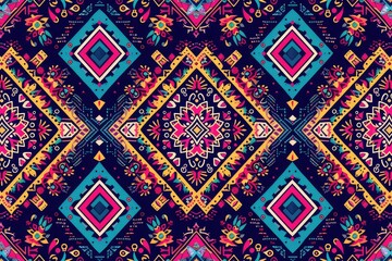Geometric ethnic oriental pattern traditional Design for background, carpet, wallpaper, clothing, wrapping, Batik, fabric, Vector embroidery style, colorful, indan, mexican.