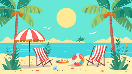 Fototapeta na wymiar copy space, A beach scene with palm trees, chairs and an umbrella. The sun is shining brightly. There are also some green plants on the ground. A striped chair stands next to an inflatable ball on top