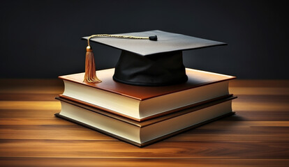 Graduation cap on a stack of books on a wooden table. Education achievement and learning concept