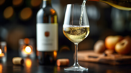 Elegant Glass of White Wine on a Dark Warm Background - obrazy, fototapety, plakaty