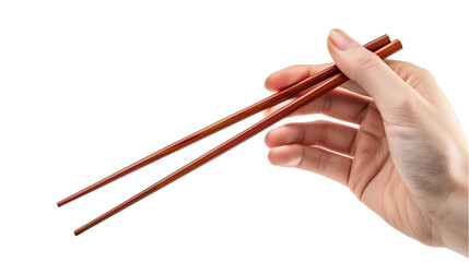 hand holding Wooden chopsticks isolated on white background
