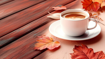 Cup of coffee with latte art on wooden table surrounded by autumn leaves. Warm beverage on a fall day