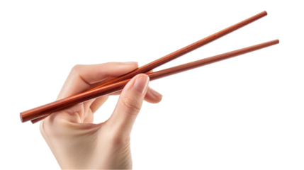 hand holding Wooden chopsticks isolated on white background