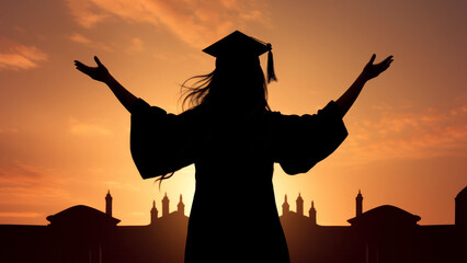 Silhouette of graduate with arms raised in celebration at sunset. Joyous moment in front of university silhouette