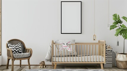 Empty vertical picture frame on white wall in modern child room. Mock up interior in scandinavian style. Free, copy space for your picture. Baby bed, chair. Cozy room for kids 