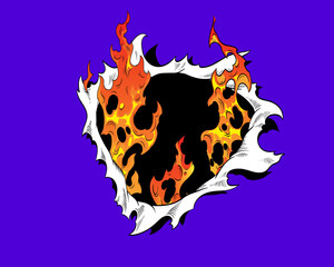 Comic book torn hole in the wall with flames in it, hand drawn vector illustration  - 780851786