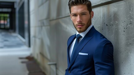 medium muscular guy in styled navy blue suit
