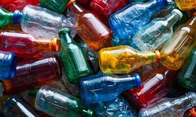 Heap of used empty multicolor plastic bottles, separate waste collection,  environmental pollution, generative ai