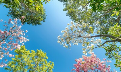 Fototapeta premium Springs sky with clear blue sky and green leaves on the trees