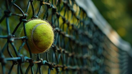 Bright grennish yellow tennis ball hitting the net
