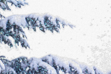 Fototapeta na wymiar Pine Tree Branch or Bough Covered in Snow while snowflakes are falling (filtered photo) w/ texture- Border Background Backdrop, Christmas, Winter, Holiday, Holidays 