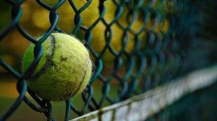 Bright grennish yellow tennis ball hitting the net