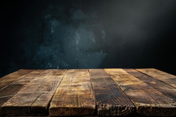 Wooden table with dark backdrop for ad - obrazy, fototapety, plakaty