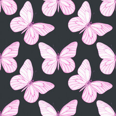 Watercolour Butterflies with pink wings illustration seamless pattern. On dark background. Hand-painted elements insect. Hand drawn delicate insects. For decoration, postcard, fabric, sketchbook