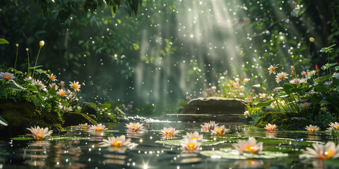 Beams of light lighting up a magical lake with lilies. The enchanted world of light and flowers.