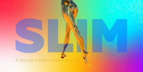 Golden legs dancing with the title "slim" on a gradient background. Banner, poster 3D style. Vector illustration