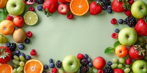 Summer berries and fruits on green background, sales and vacation concept, top view banner with copy space