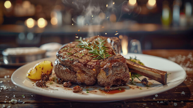 Juicy tomahawk steak in a white plate with rosemary and potatoes on kitchen background, beef steak