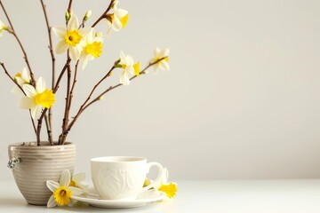 Easter themed still life with springtime flowers a coffee cup primrose willow branches daffodils and a white table background in a styled stock photo for web ban