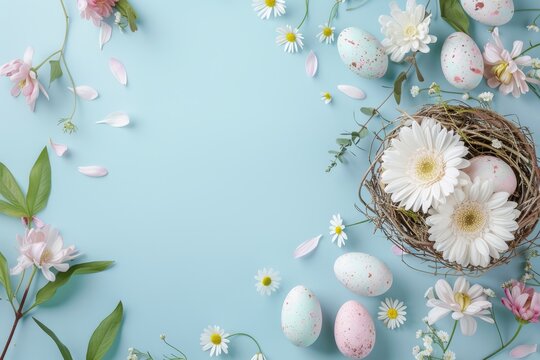 Easter themed image with flowers eggs and a nest on a blue background Overhead view with room for text