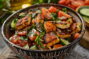 Fattoush salad with fried haloumi cheese and veggies herbs and oil - obrazy, fototapety, plakaty