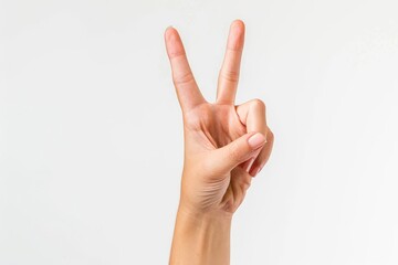Female hand making a victory gesture white background