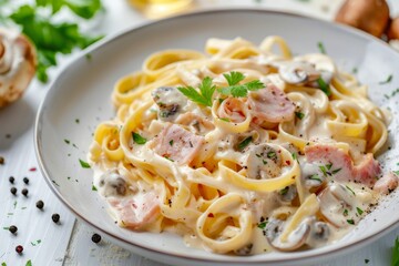 Fettuccine pasta with mushrooms and fried chicken in creamy cheese sauce on a wooden background