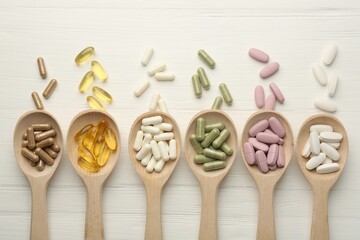 Different vitamin capsules in spoons on white wooden table, flat lay