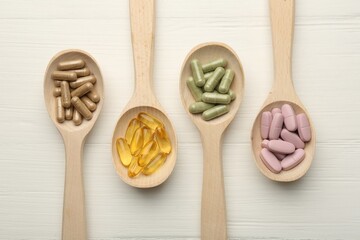 Different vitamin capsules in spoons on white wooden table, flat lay