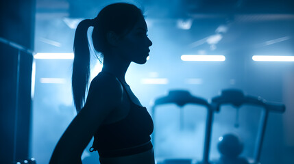 Silhouette of a Woman Contemplating in a Gym During Sunset
