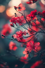 Close-up of vivacious red flowers blooming on a branch against a soft-focus background