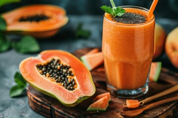 Focused image of papaya smoothie healthy eating idea for detox and vegetarian diet