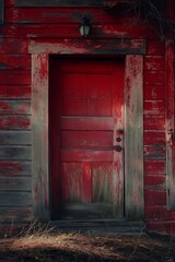 The deep red, textured door of a vintage barn stands out starkly against its worn, wooden exterior, showing signs of age and history