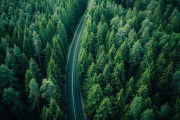Forest road seen from above highway through trees drone s perspective summer natural landscape...