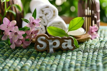 A vibrant spa setup with a 'Spa' sign in Wooden letters surrounded by orchid flowers and greenery...