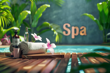 A tranquil spa scene featuring well-placed spa essentials and tropical flowers, invoking a sense of relaxation and pampering - obrazy, fototapety, plakaty