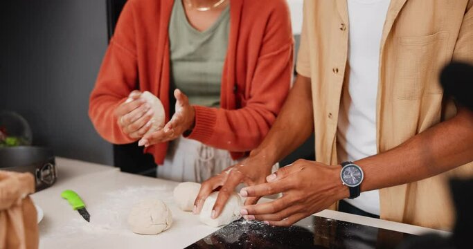 Hands, couple and cooking with vlog, recording and dough for bread, food or gluten free pastry. People, influencer and live streaming on social media for tutorial, class or recipe with flour in home