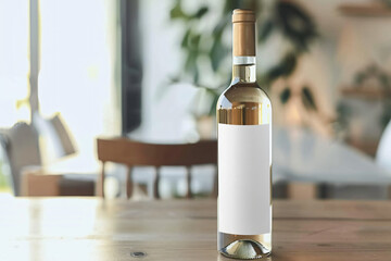 Wedding wine bottle mockup with white blank label. Floral blurry background.
