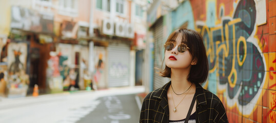 Fototapeta premium Young woman with sunglasses stands in front of urban graffiti wall looking away