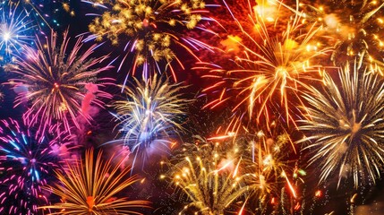 Naklejka premium Detailed explosion of bright fireworks in the night sky