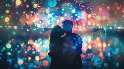 Romantic couple in an embrace, with vibrant fireworks reflected in their eyes, sharing a moment