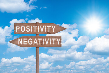 Positive Or Negative concept road sign with cloudy and sunny sky background.