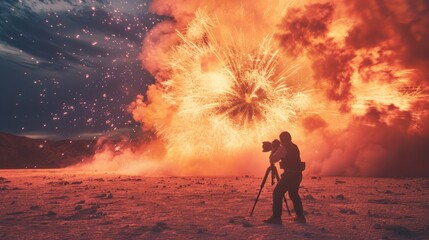 Lone photographer takes perfect firework shot in a wide open field