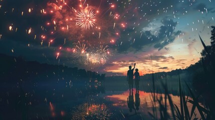 Silhouettes of a family lit by fireworks over a calm lake, enjoying the night's colorful spectacle together
