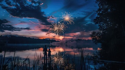 A serene lake night scene, with a family silhouetted against a dramatic fireworks display